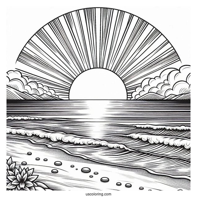 Sun Rising On The Horizon At The Beach Coloring Page