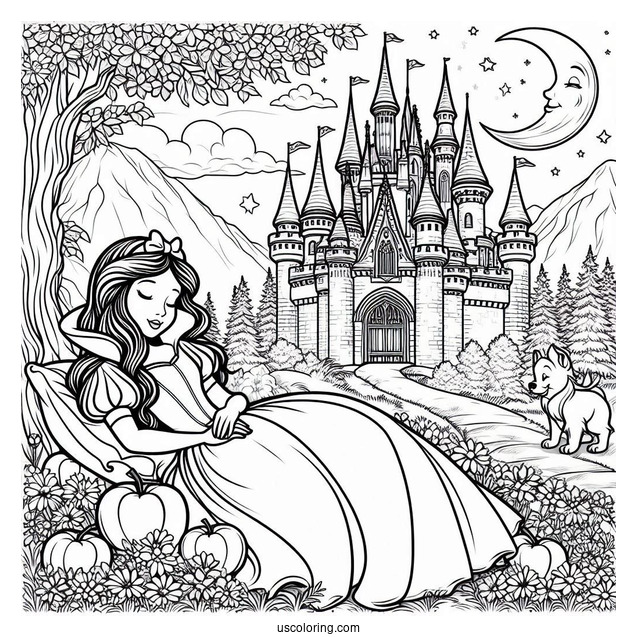 Sleeping Beauty Coloring Page Of Snow White And Aurora Outside A Castle