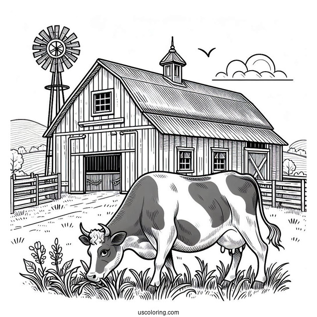 Cow Grazing In Front Of Farm Barn