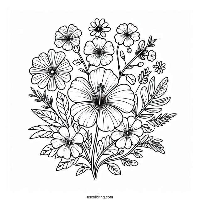 Flower Coloring Pages Of Hibiscus And Daisies With Wildflowers