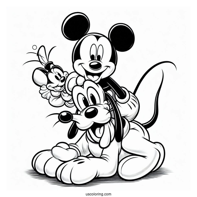 Mickey Mouse Hugging Pluto Coloring Page With Goofy In The Back