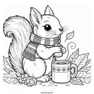 Squirrel Coloring Page Sitting On Fall Leaves With Scarf And Hot Drink