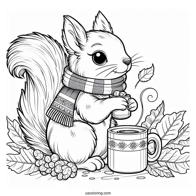 Squirrel Coloring Page Sitting On Fall Leaves With Scarf And Hot Drink