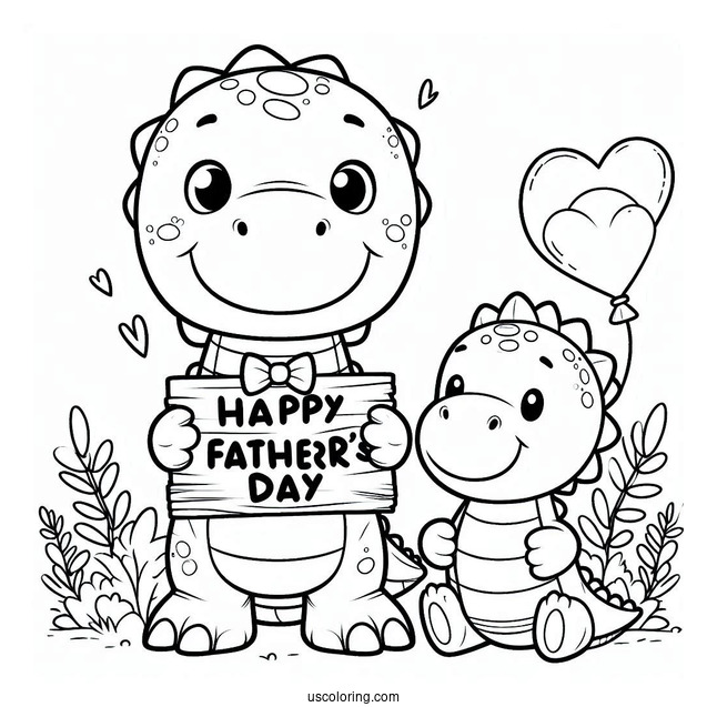 Father's Day Coloring Page Of Cute Dinosaur Holding A Happy Father's Day Sign For Kids