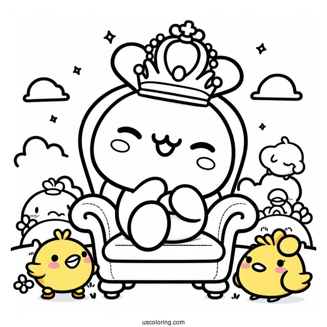 Pochacco Coloring Page Wearing Crown While Sitting On Chair With Choppy And Chicks