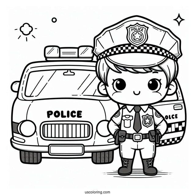 Cartoon Police Officer Next To His Police Car Coloring Page