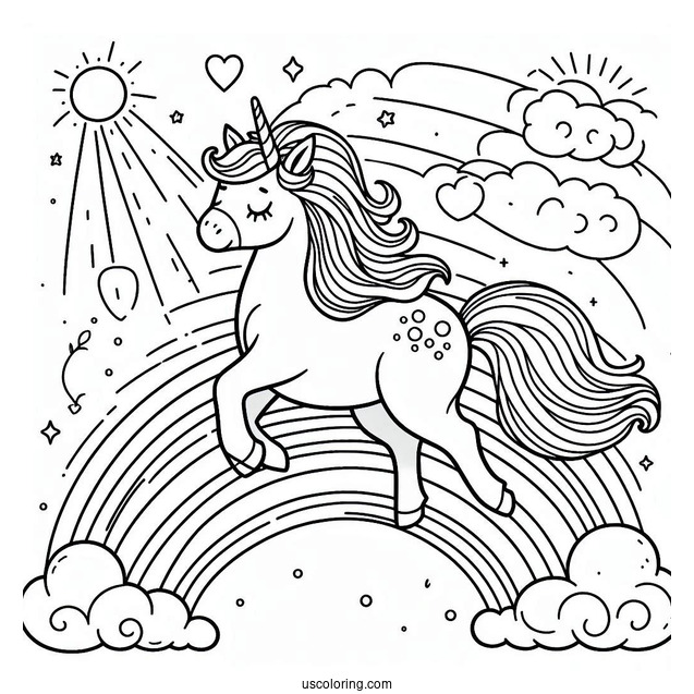 Unicorn Strolling On A Rainbow Coloring Sheet For Preschoolers
