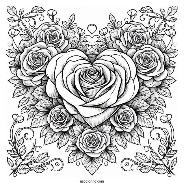 Love Heart Shape With Roses To Color