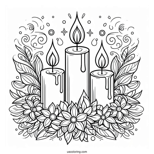Four Candles Surrounded By Flowers Stained Glass Coloring Page