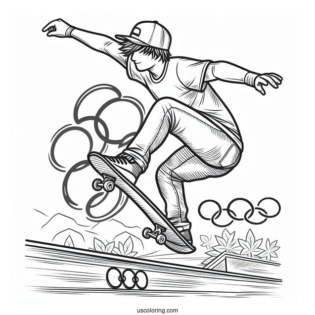 Professional Skateboarding Doing A Trick In The Olympics Coloring Page