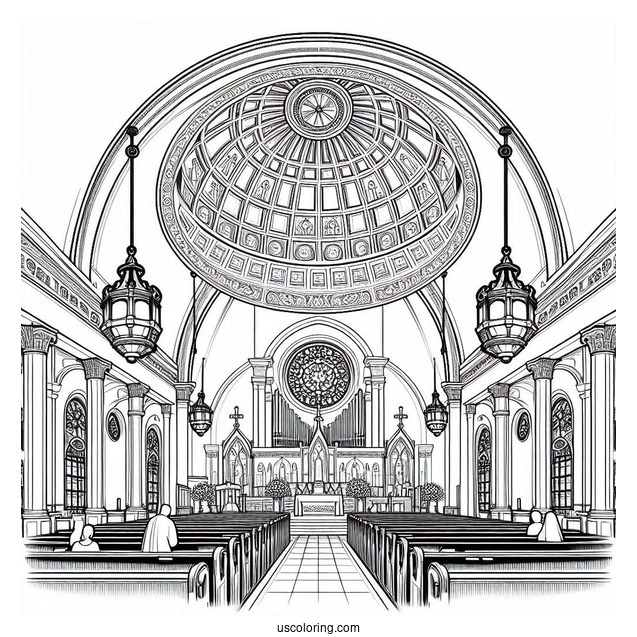 Detailed Interior Of A Catholic Church Coloring Page
