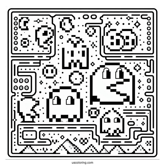 Retro Pixelated Pac-Man Coloring Page Ghosts