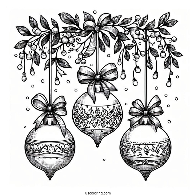 Bulbs Hanging From Mistletoes With Bows Christmas Ornaments Coloring Page