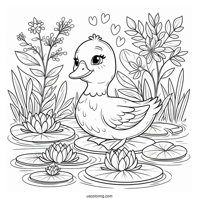 Peaceful Duck on Lily Pad in Pond Coloring Sheet For Preschoolers