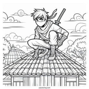 Ninja Crouched On A Roof Coloring Sheet