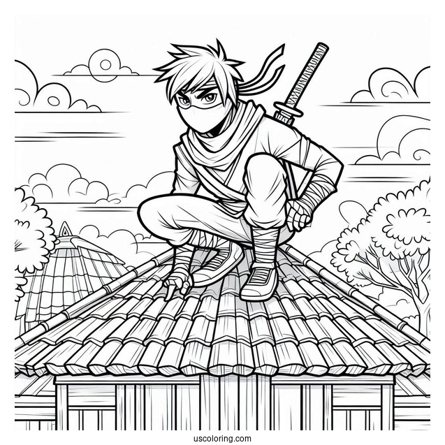 Ninja Crouched On A Roof Coloring Sheet