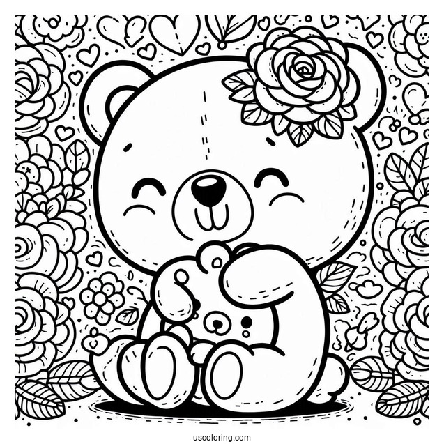 Smiling Critters Coloring Page BearHug With Rose Background