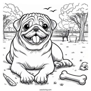 Pug In a Park With Bone To Color