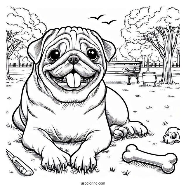 Pug In a Park With Bone To Color