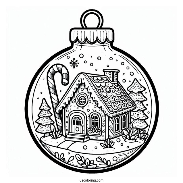 Gingerbread House And Candy Canes Inside Bauble Christmas Ornaments Coloring Page