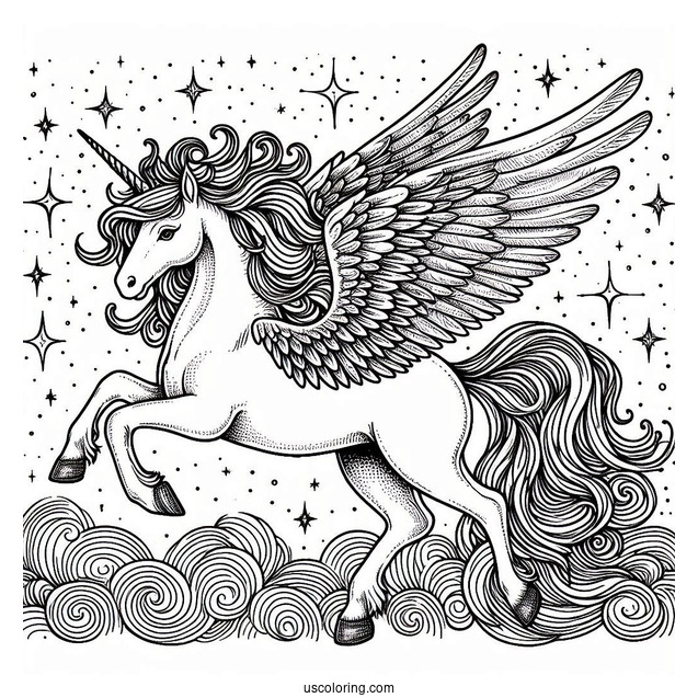 Pegasus Coloring Page With Massive Wings In The Starry Night Sky