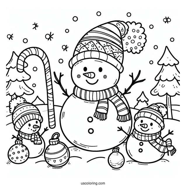 Cheerful Looking Snowmen In The Snow To Color