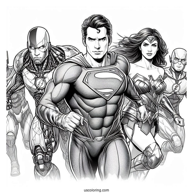 Justice League Coloring Page Of Realistic Superman, Cyborg, Wonder Woman, Aquaman, Flash, And Batman