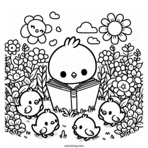 Pochacco Coloring Page Reading Book With Chicks In The Field