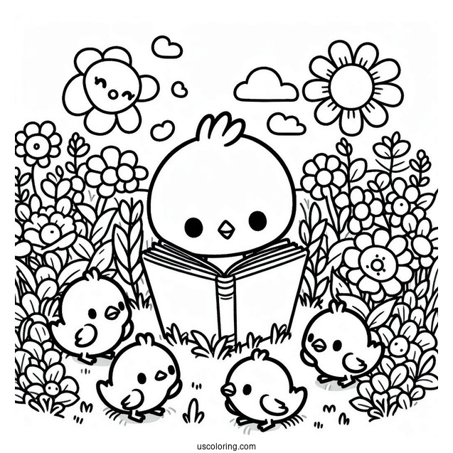 Pochacco Coloring Page Reading Book With Chicks In The Field