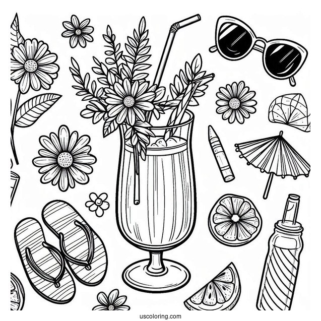 Summer Coloring Page Of Drink, Flowers, Sunglasses, And Flip Flops
