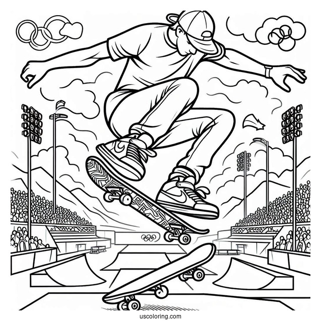 Professional Skateboarding Doing A Trick In The Olympics Coloring Page