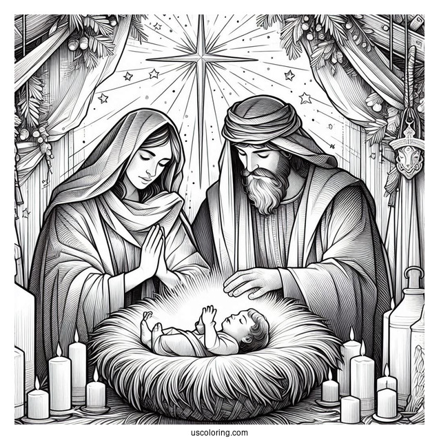 Nativity Coloring Page Of Realistic Wise Men With Joseph And Mary Watching Newborn Jesus