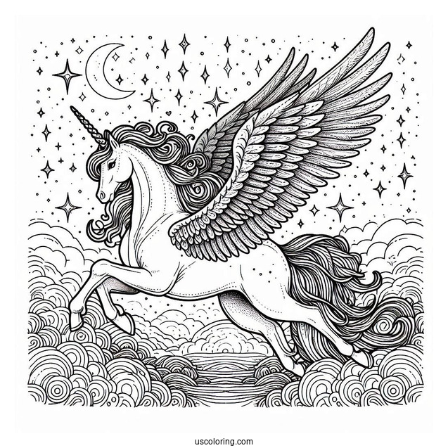 Pegasus Coloring Page With Massive Wings In The Starry Night Sky