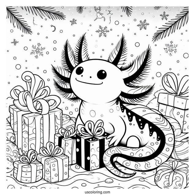 Axolotl Coloring Page Standing In The Middle Of Christmas Presents