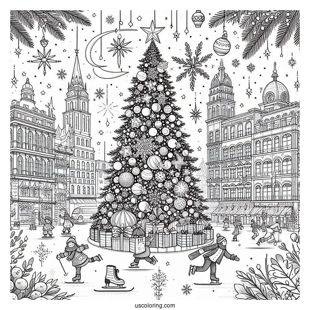 Christmas Coloring Pages For Adults Of Giant Christmas Tree In The City With Ice Skaters