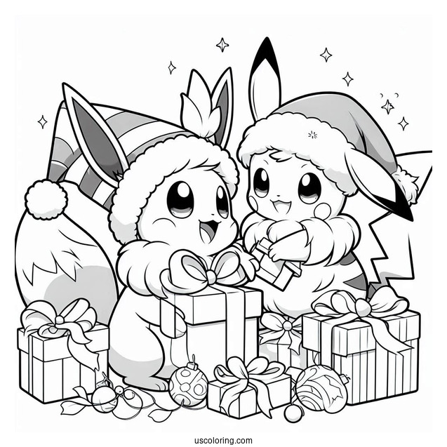 Pokemon Christmas Coloring Page Christmas Eevee And Pikachu Opening Presents