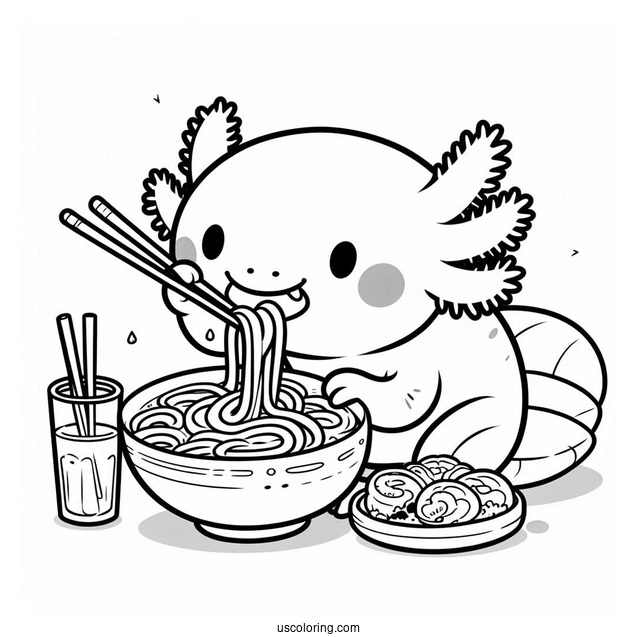 Axolotl Coloring Page Eating Ramen For Kids