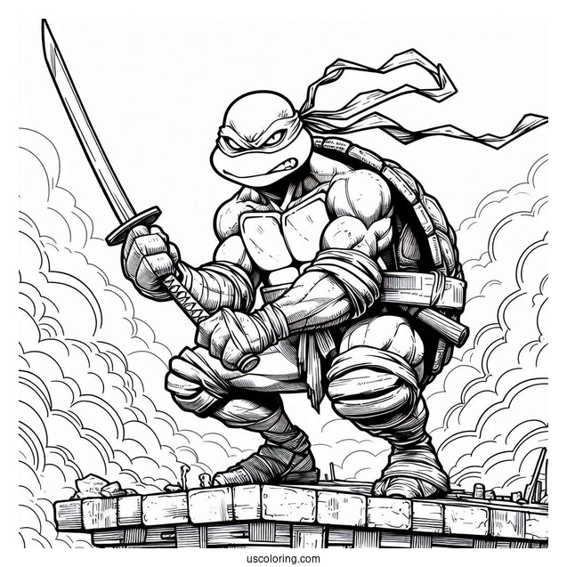 Ninja Turtles Coloring Page Of Angry Raphael Holding Sword On Rooftop