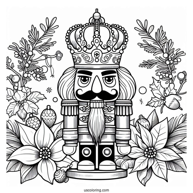 Nutcracker Coloring Page King With Mistletoes And Poinsettia