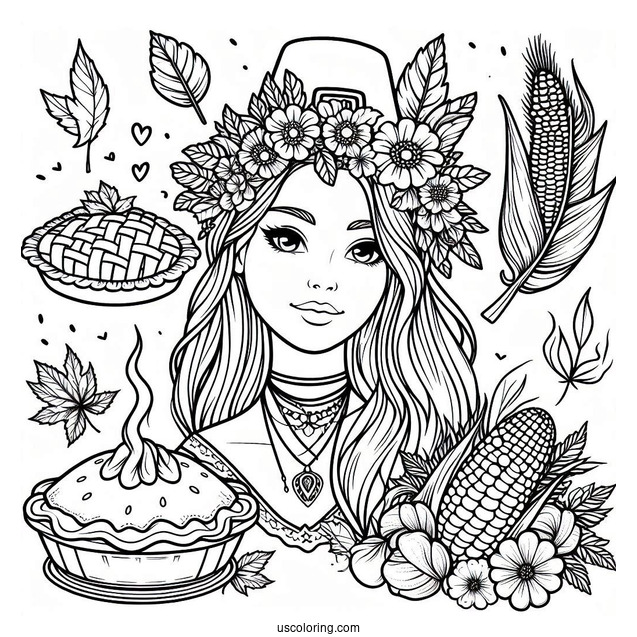 Female Pilgrim Coloring Page With A Pie And Native American With Corns