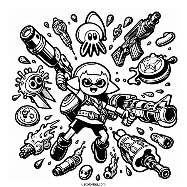 Super Smash Bros Coloring Page Of Splatoon With Weapons Super Smash Bros