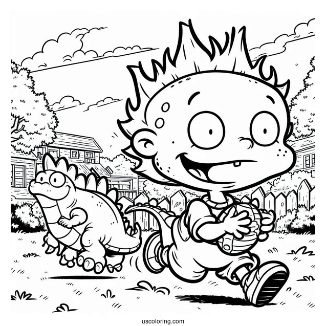 Rugrats Coloring Page Of Spike Running In Backyard With Toy Reptar