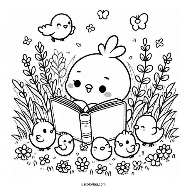 Pochacco Coloring Page Reading Book With Chicks In The Field