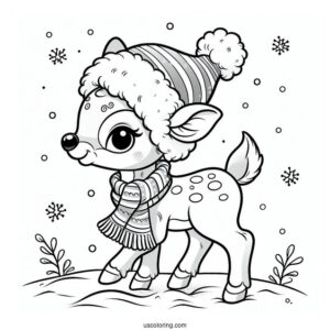 Rudolph Coloring Page Wearing A Santa Hat While Walking In The Snow