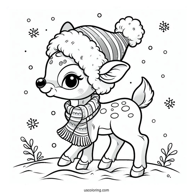 Rudolph Coloring Page Wearing A Santa Hat While Walking In The Snow