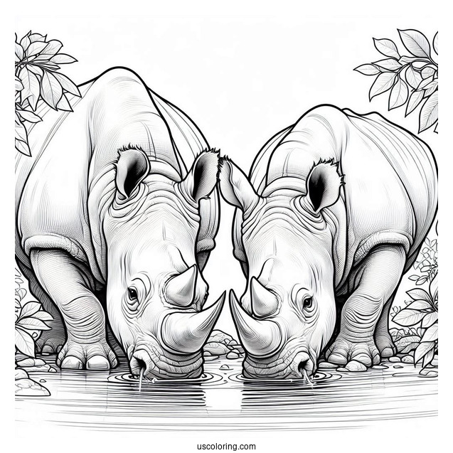 Two Rhinos Drinking Water To Color