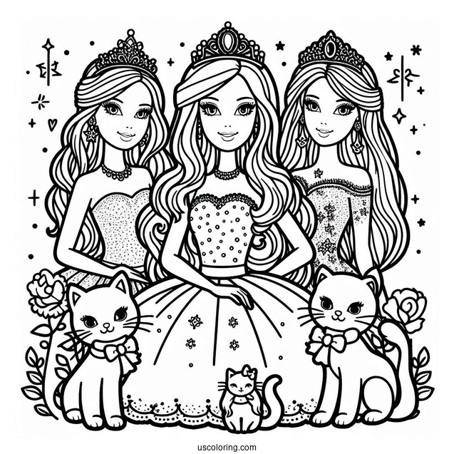 Princess Barbies With Cats Coloring Sheet