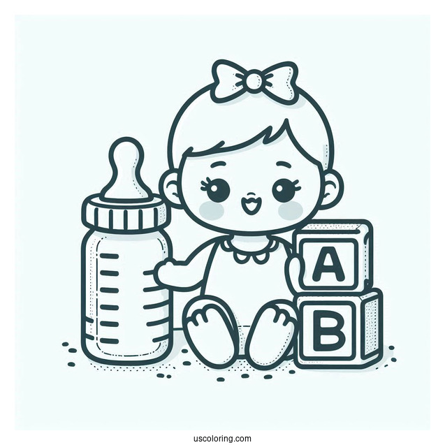 Baby Coloring Page Of Bottle, Pacifier, And Letter Blocks