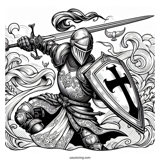 Crusader Knight Fighting Coloring In