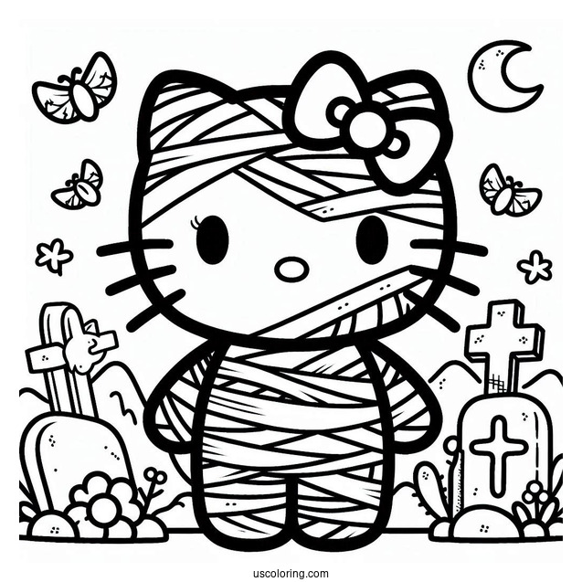 Hello Kitty Mummy Coloring Page In The Cemetery For Kids